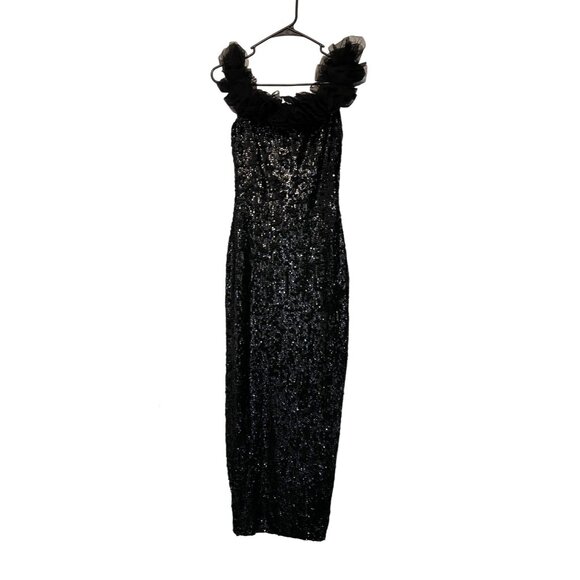 Vintage Attitudes By Debra Black Sequin Gown W/ Tulle Ruffle Neckline - Picture 2 of 7
